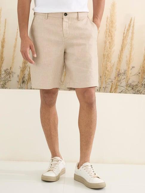 andamen khaki linen regular fit striped shorts