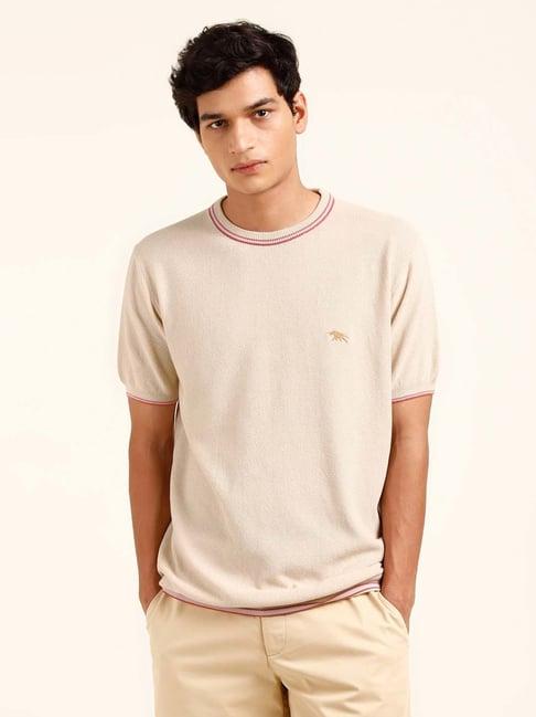 andamen light beige regular fit textured crew t-shirt