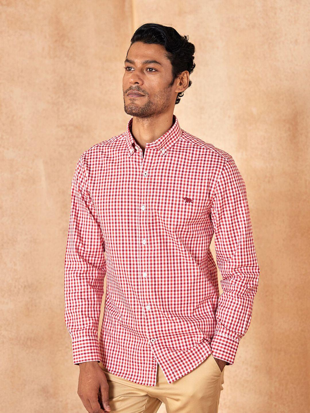 andamen men red classic slim fit checked casual cotton shirt