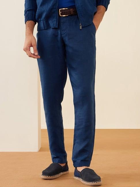 andamen navy 100% linen regular fit solid trousers