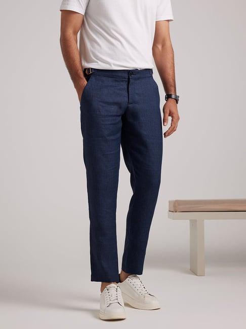 andamen navy regular fit linen flat front trousers