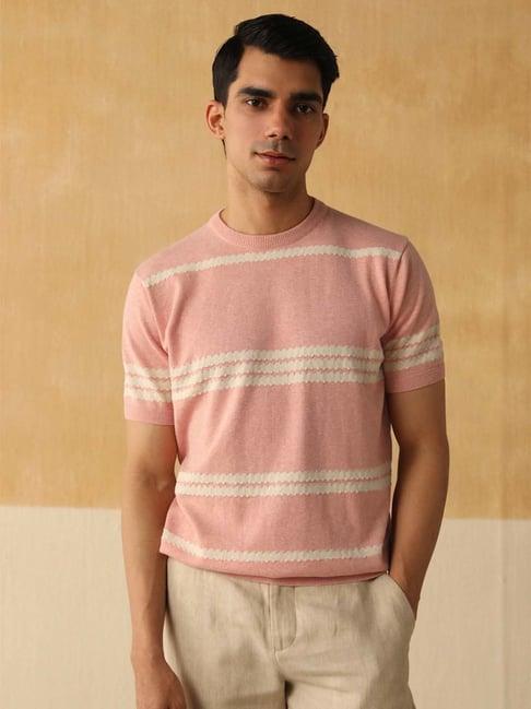 andamen pink cotton regular fit striped t-shirt