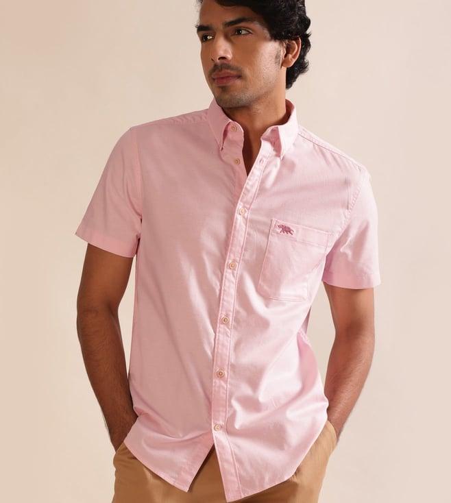 andamen pink oxford half sleeve patch pocket shirt - regular fit