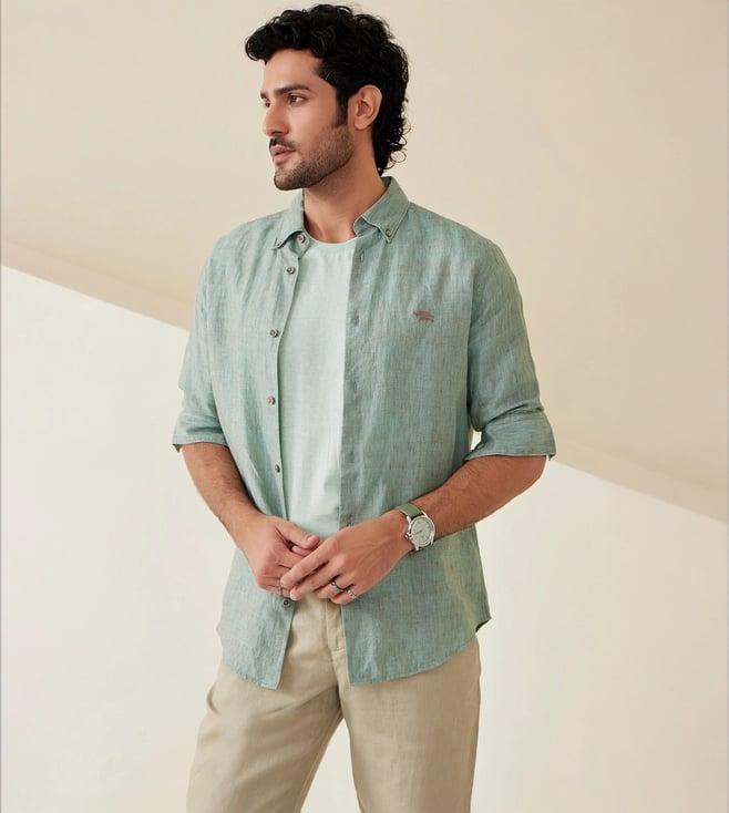 andamen teal rise casual men melange linen shirt