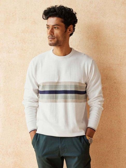 andamen white cotton regular fit striped sweater