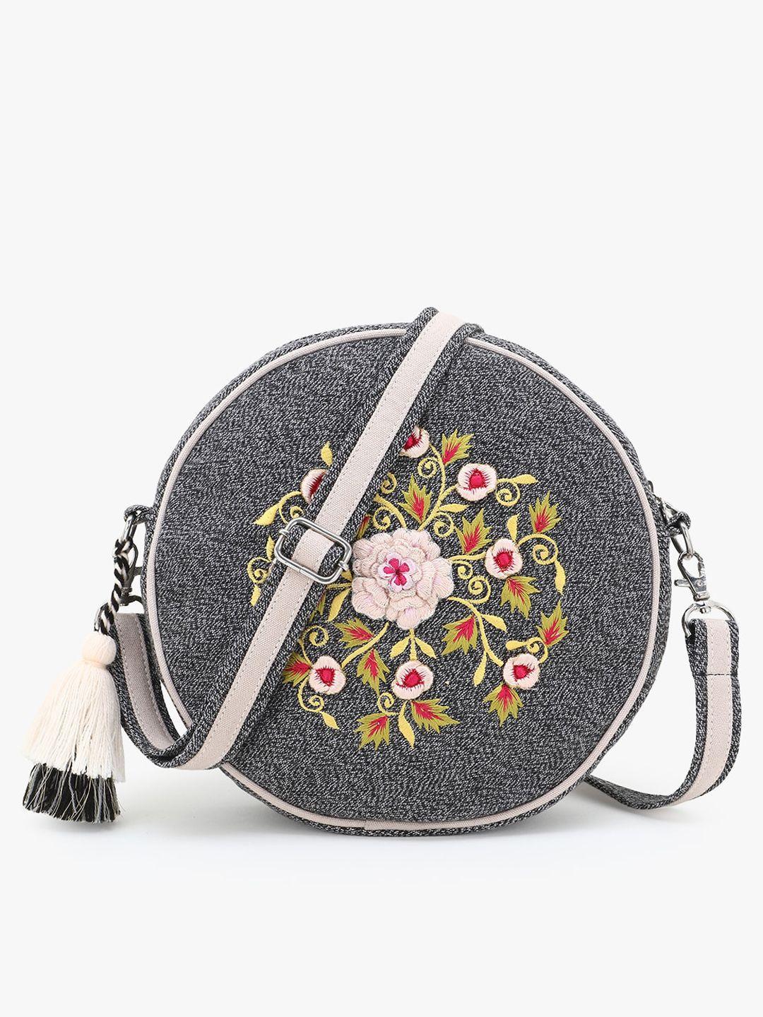 anekaant charcoal floral embellished sling bag with tasselled