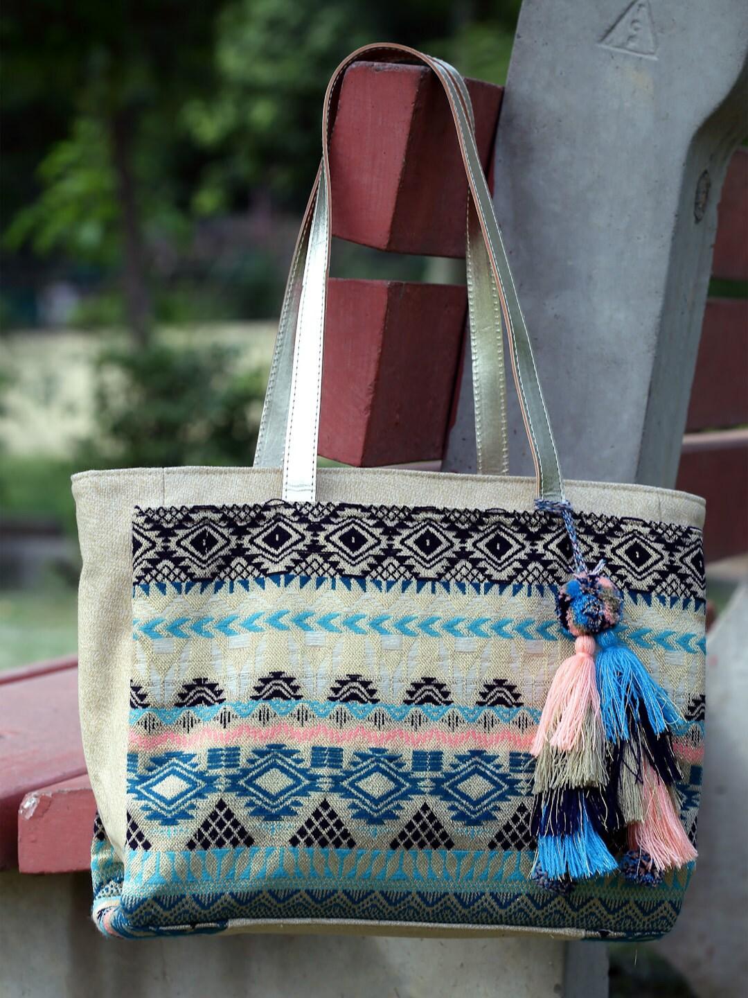 anekaant ethnic motifs printed tasselled shopper tote bag