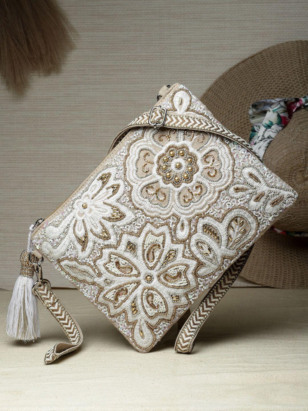 anekaant floral embellished tasselled cotton canvas sling bag
