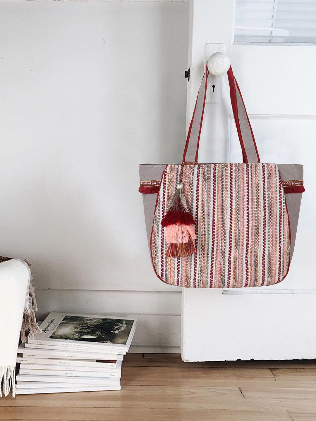 anekaant striped shopper tote bag with fringed