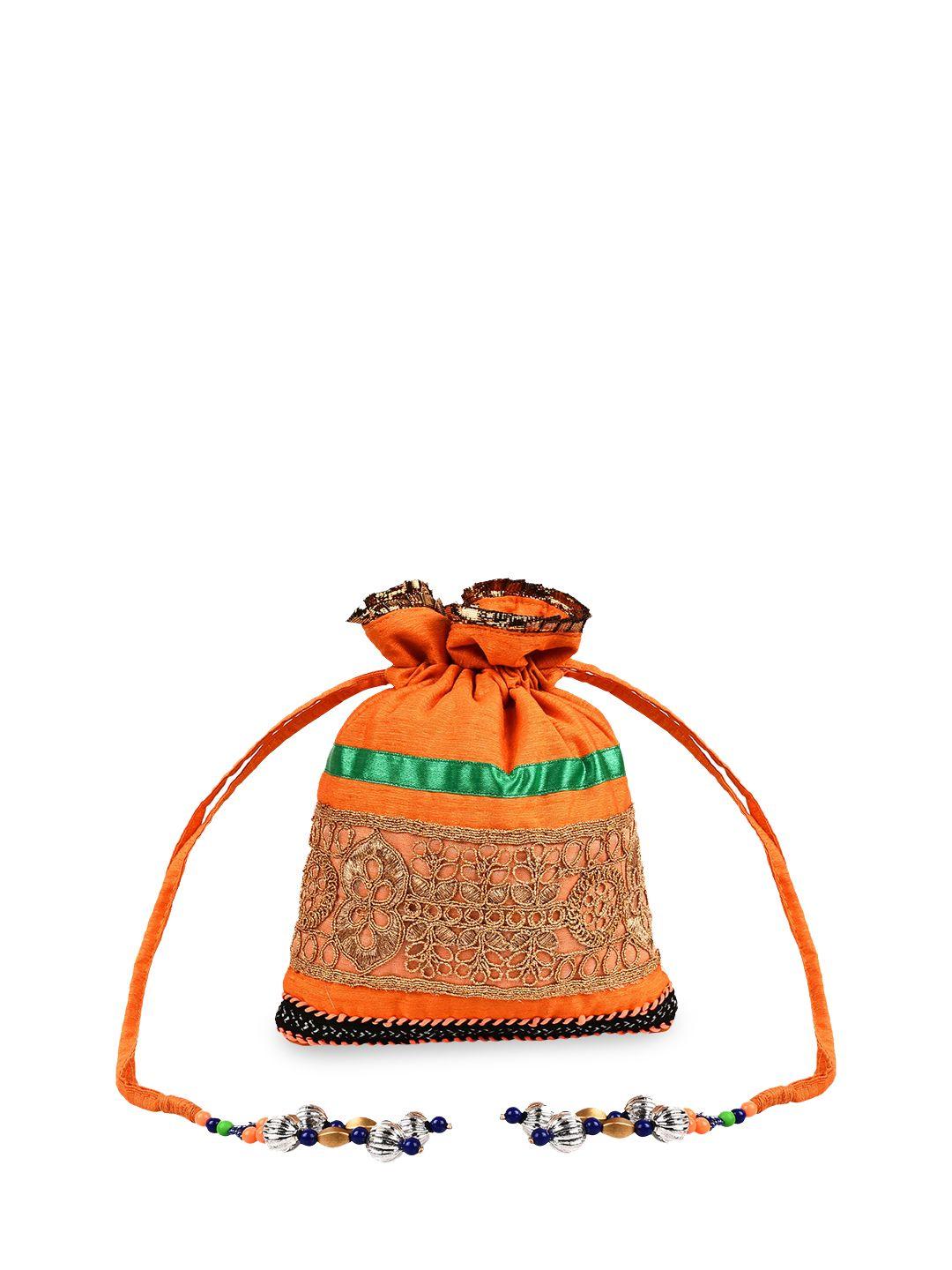 anekaant women orange embroidered artsilk potli