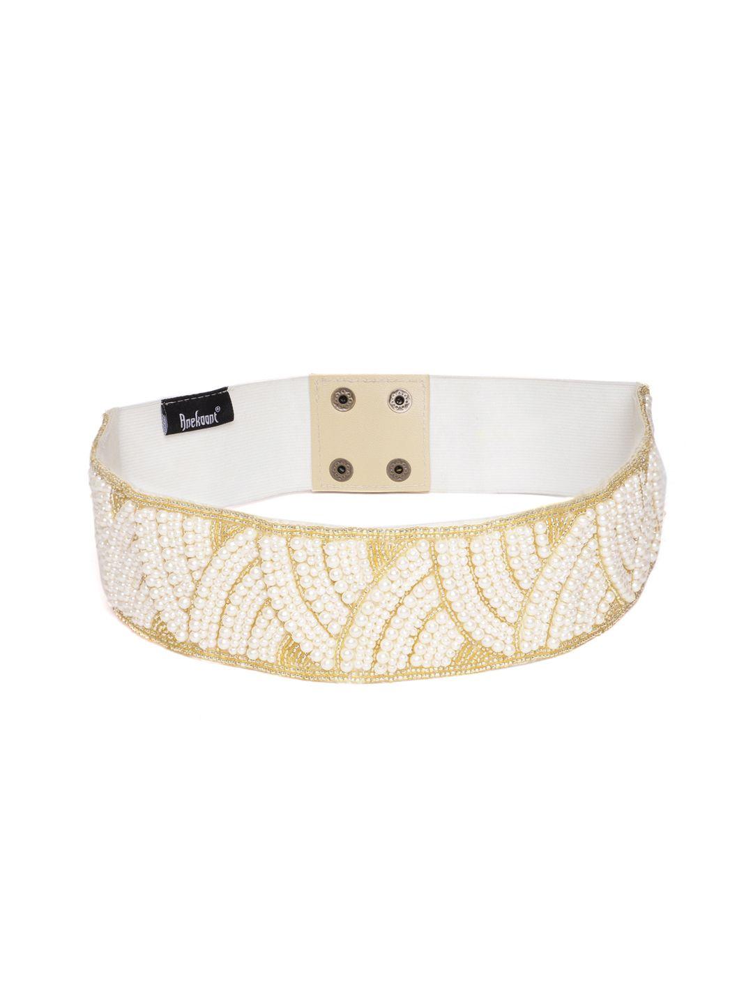 anekaant women white & gold-toned beaded stretchable belt