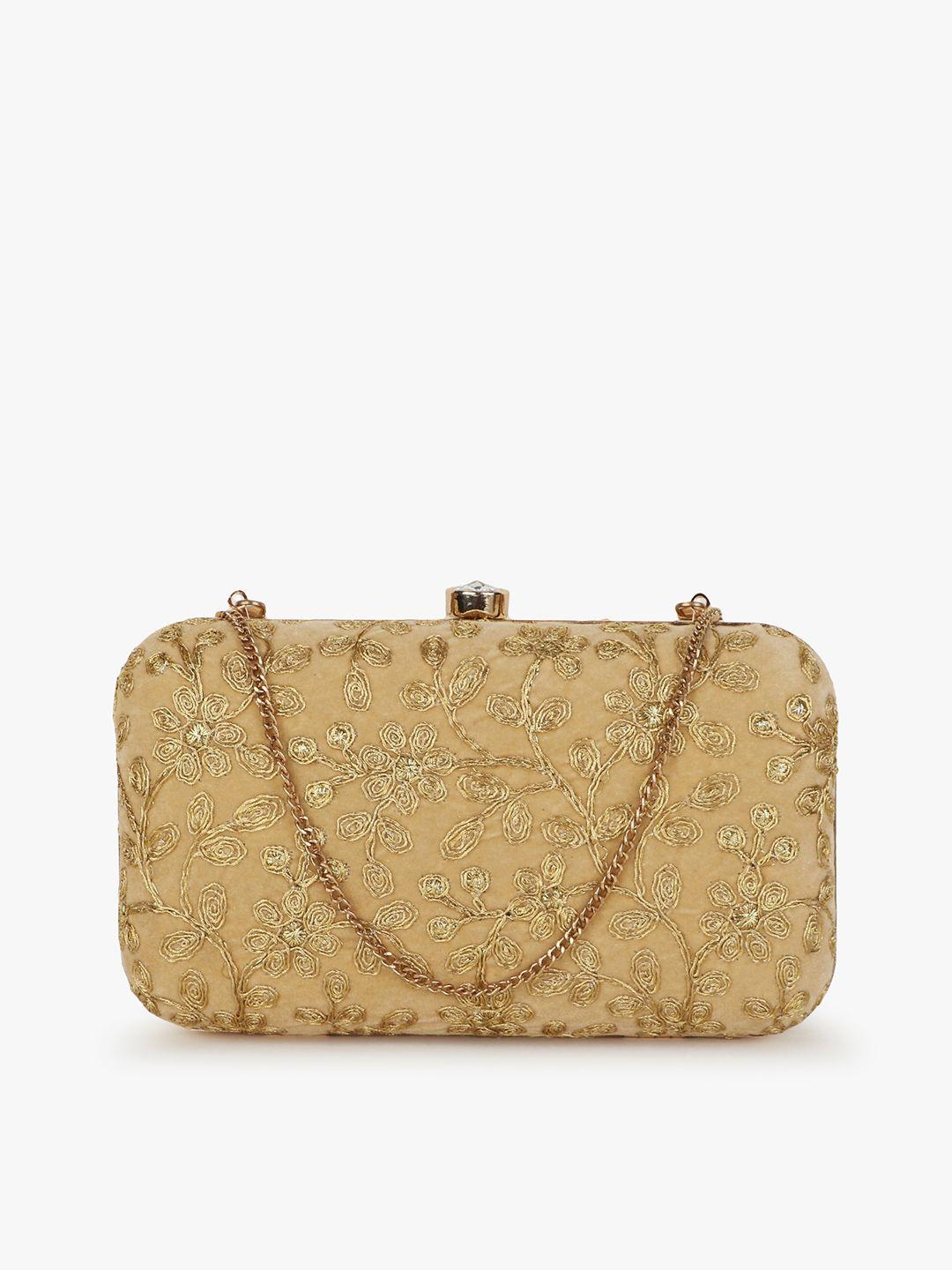 anekaant beige & gold-toned embroidered embellished box clutch