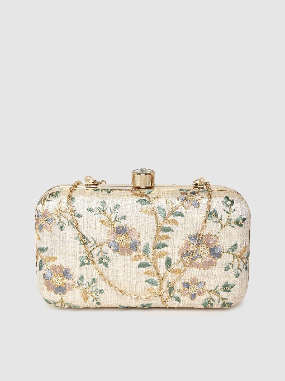 anekaant beige & green floral embroidered box clutch