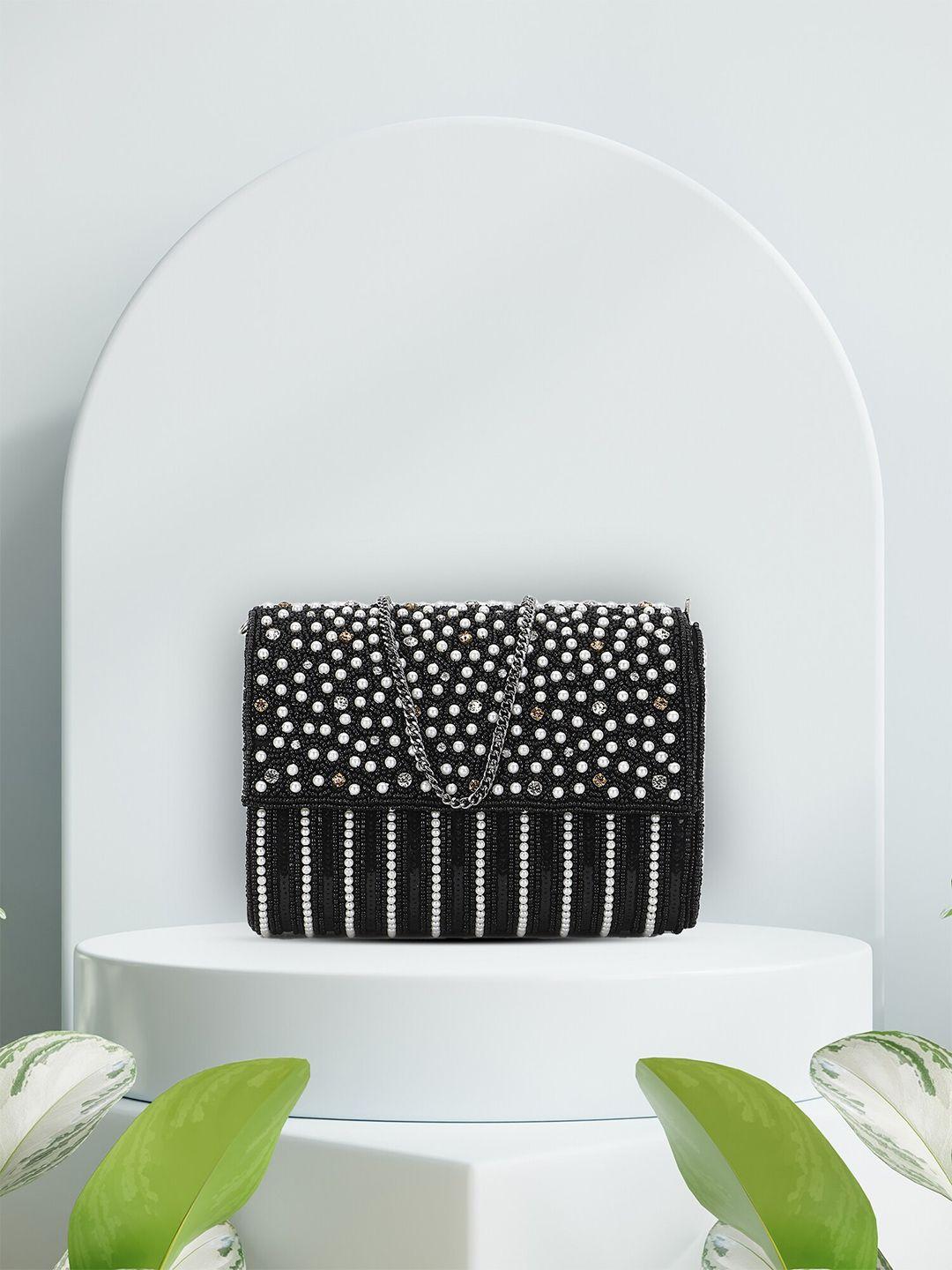 anekaant black & silver-toned embellished foldover clutch