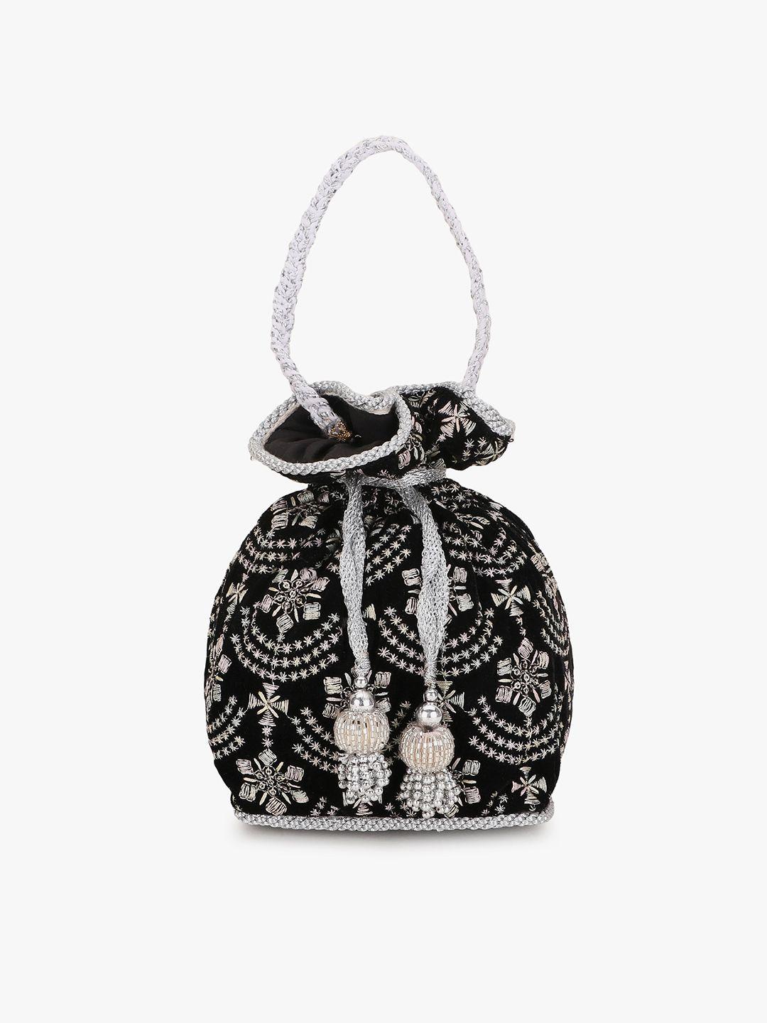 anekaant black & silver-toned embroidered tasselled potli clutch