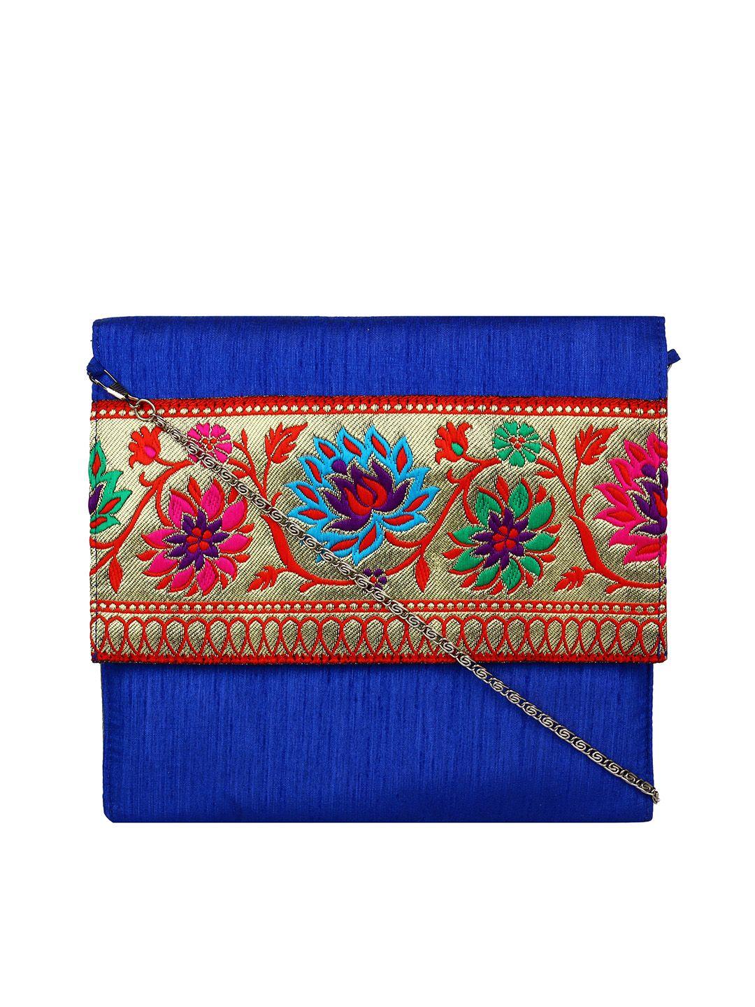anekaant blue embroidered clutch with sling strap