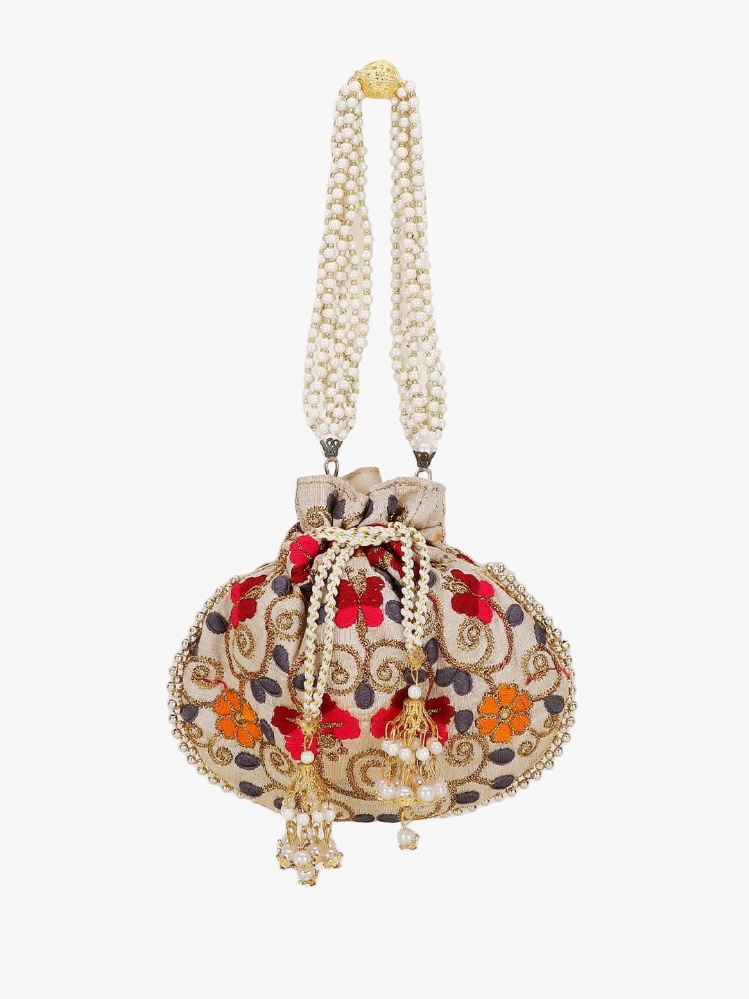 anekaant cream-coloured & red embroidered tasselled potli clutch