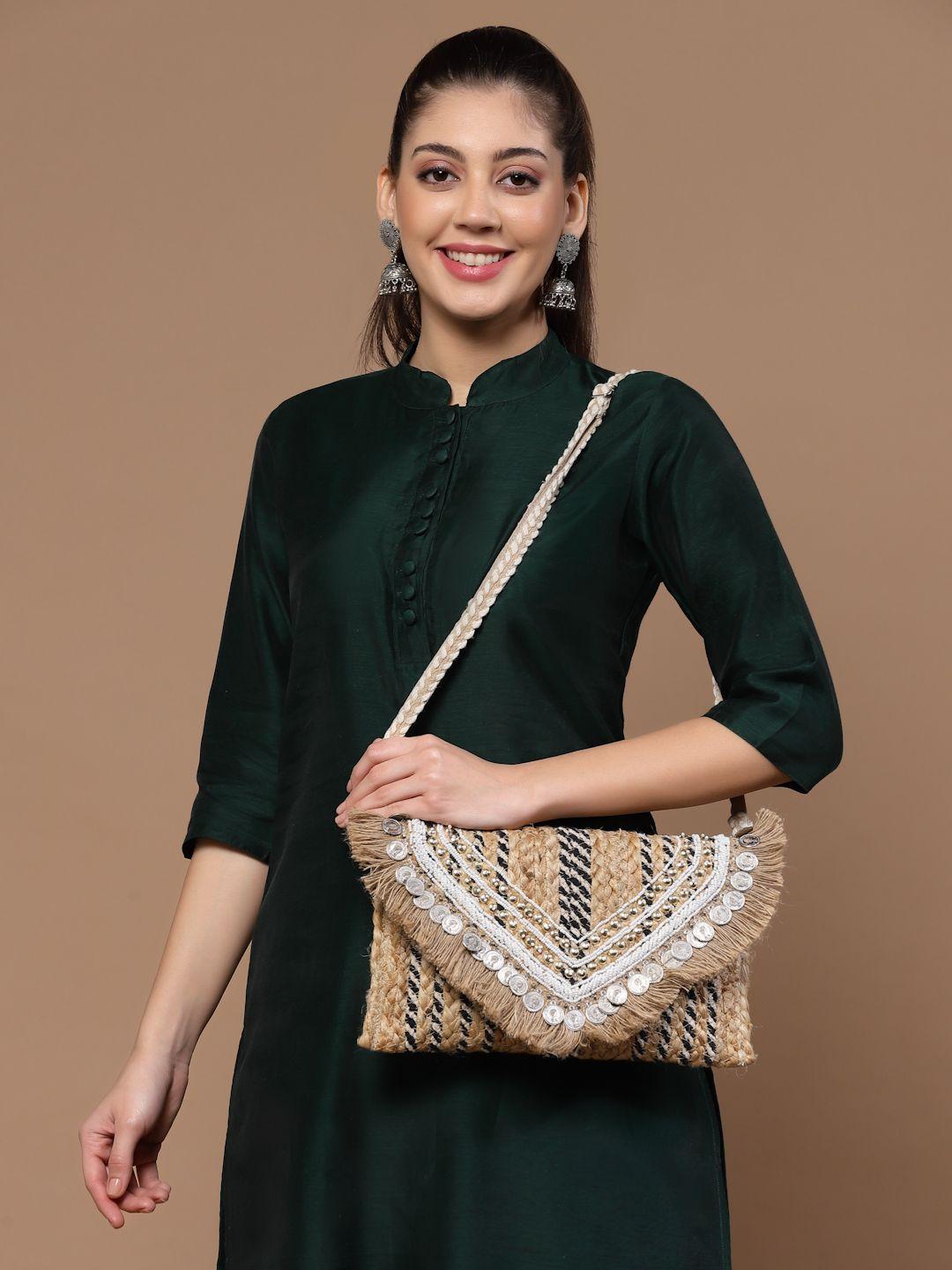 anekaant embellished structured sling bag with tasselled