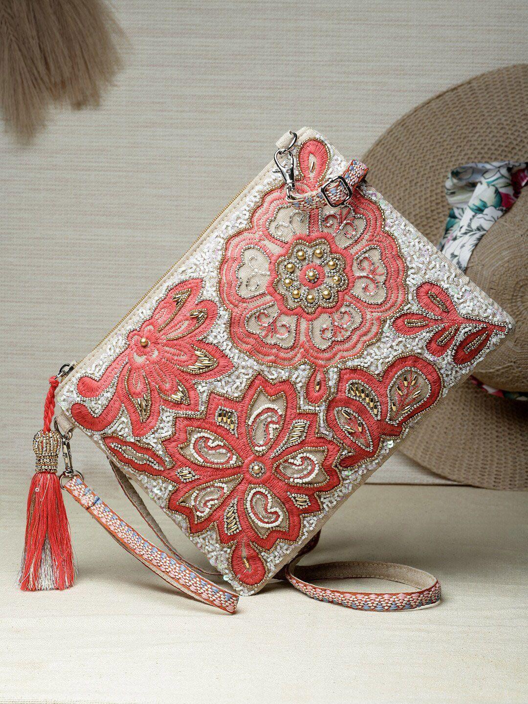 anekaant floral embellished structured cotton canvas sling bag