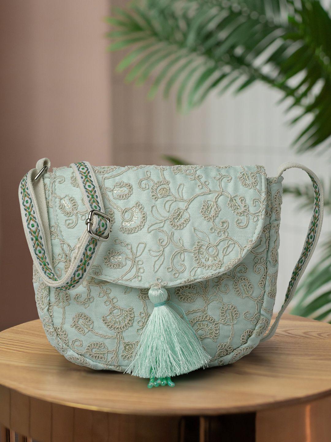 anekaant floral embroidered sling bag with tasseled