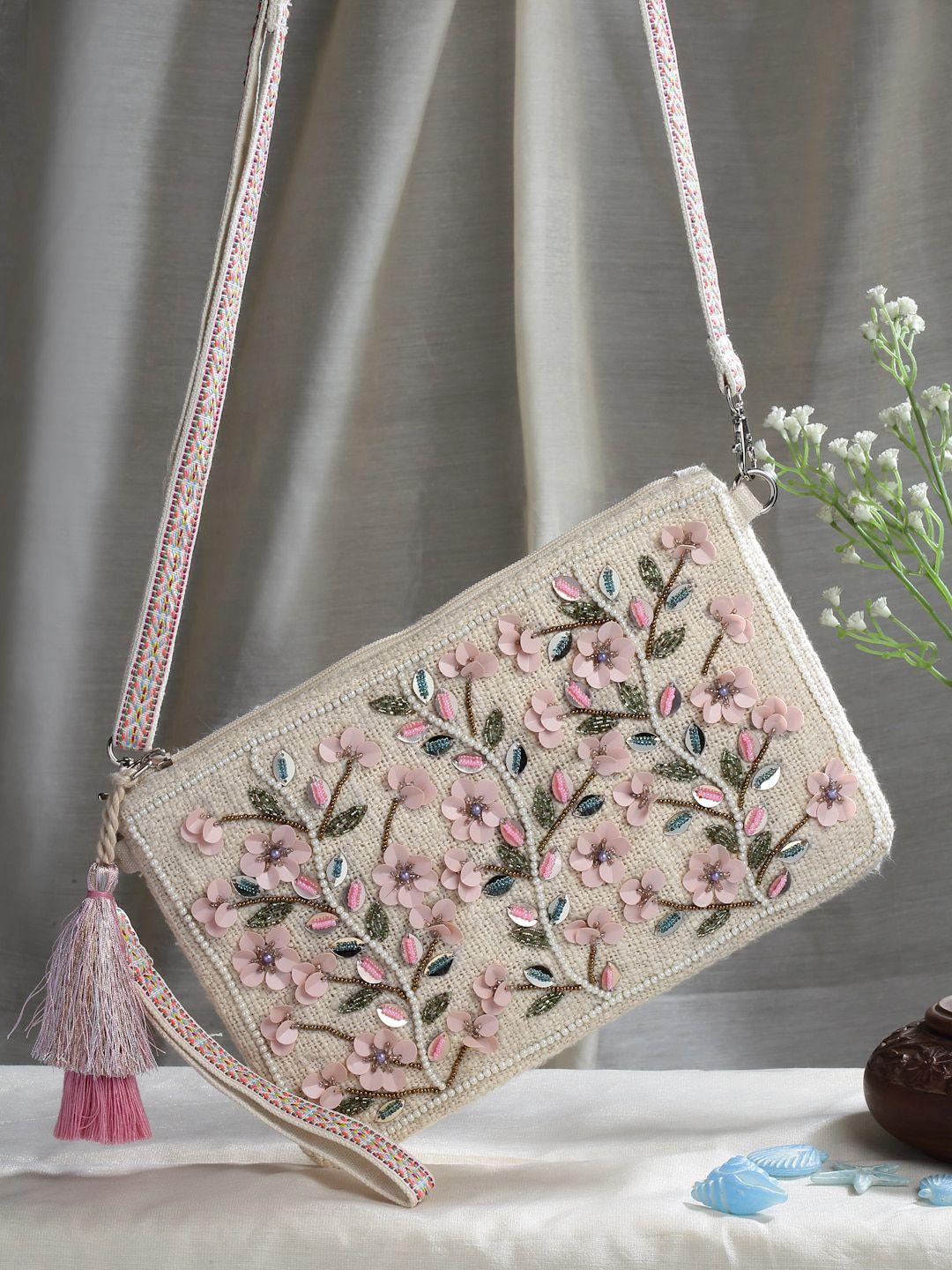anekaant floral shopper sling bag with tasselled