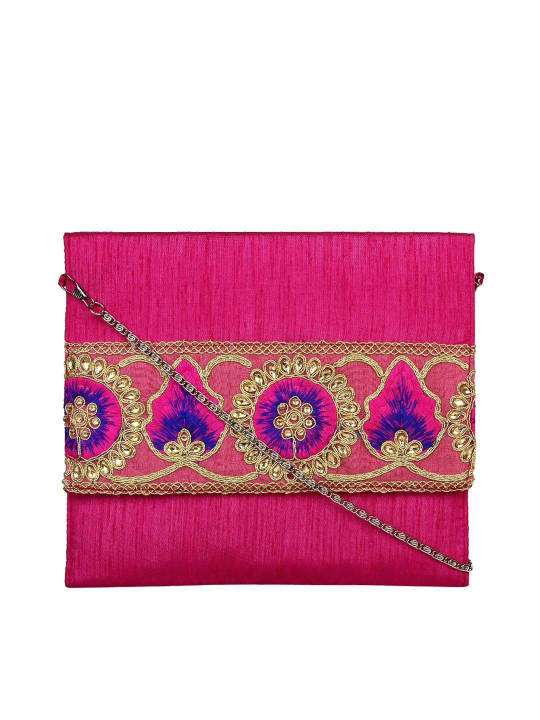 anekaant gild pink embroidered clutch with sling strap