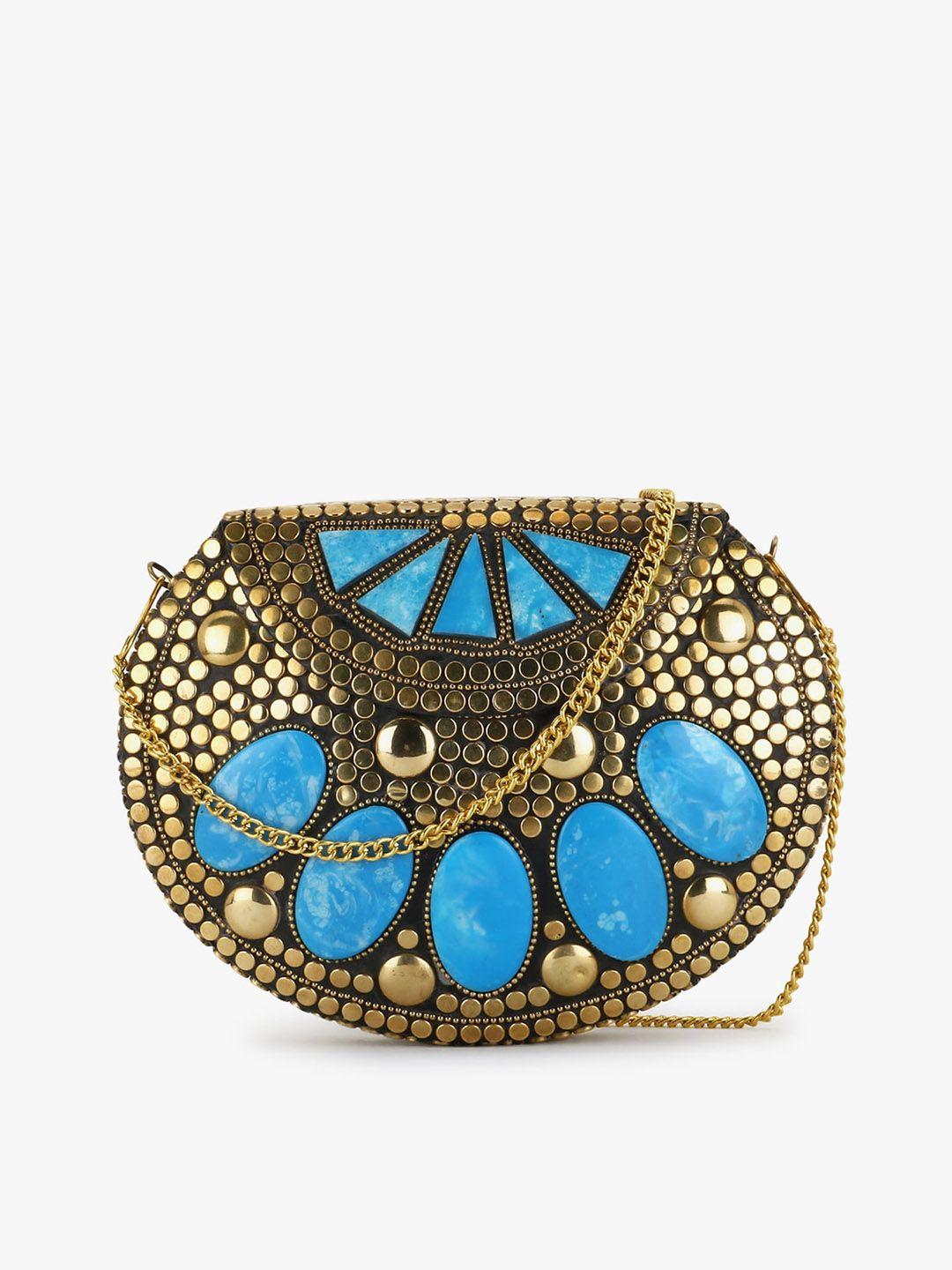 anekaant gold-toned & blue embellished half moon clutch