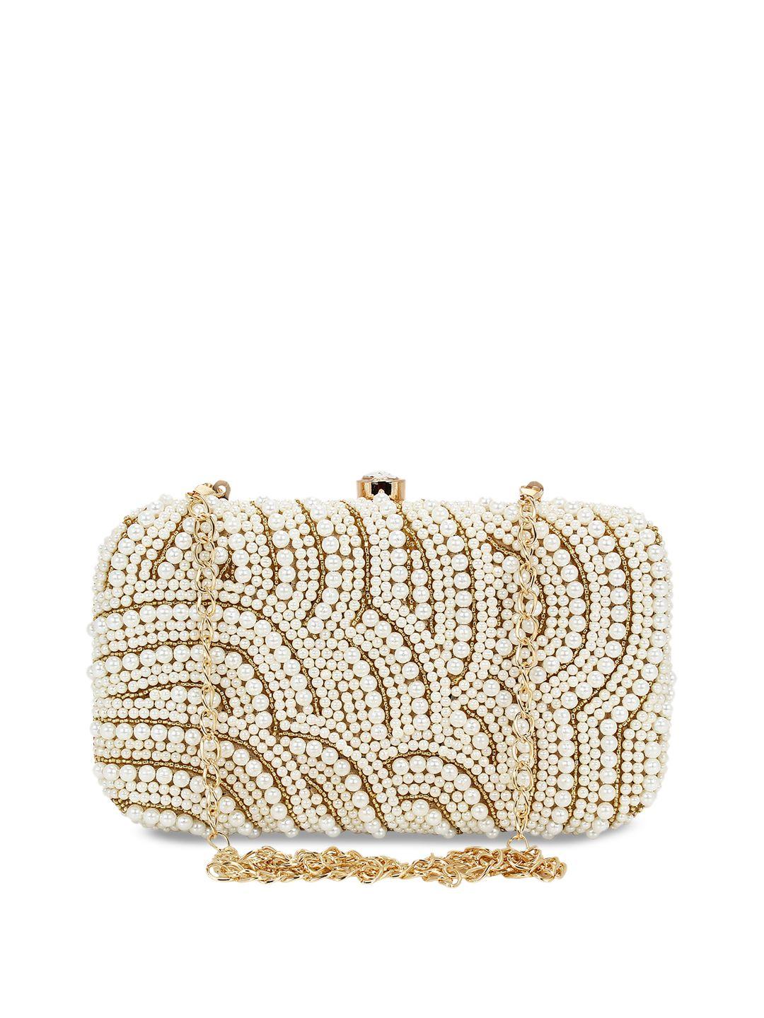 anekaant gold-toned & white embroidered embroidered box clutch