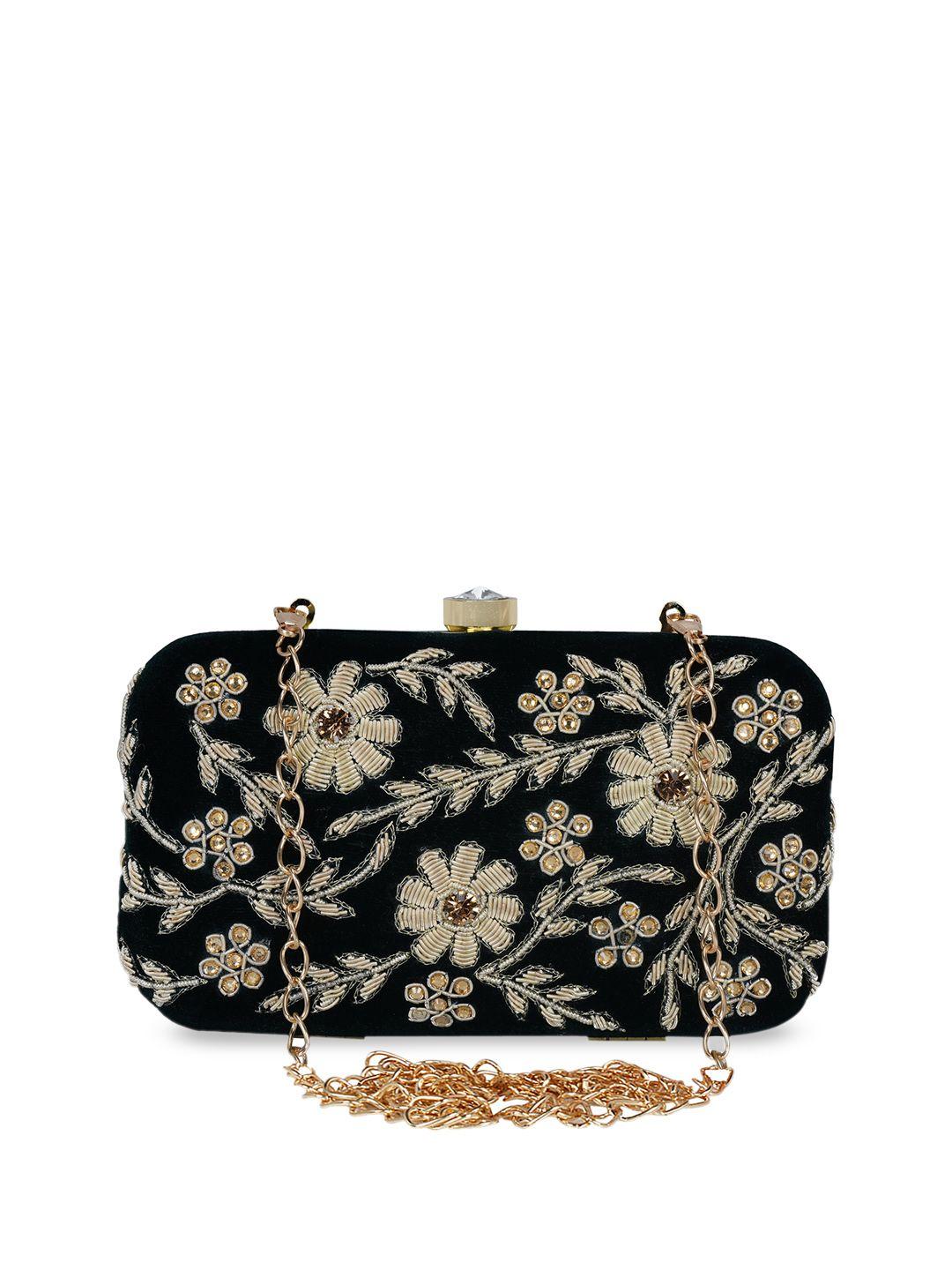 anekaant green & gold-toned embellished embellished clutch