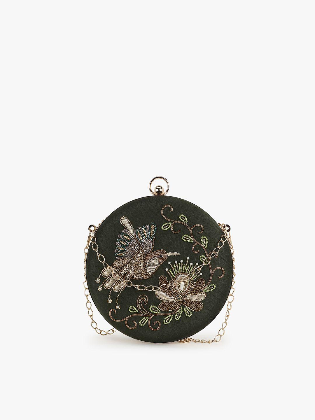 anekaant green & gold-toned embroidered embellished box clutch