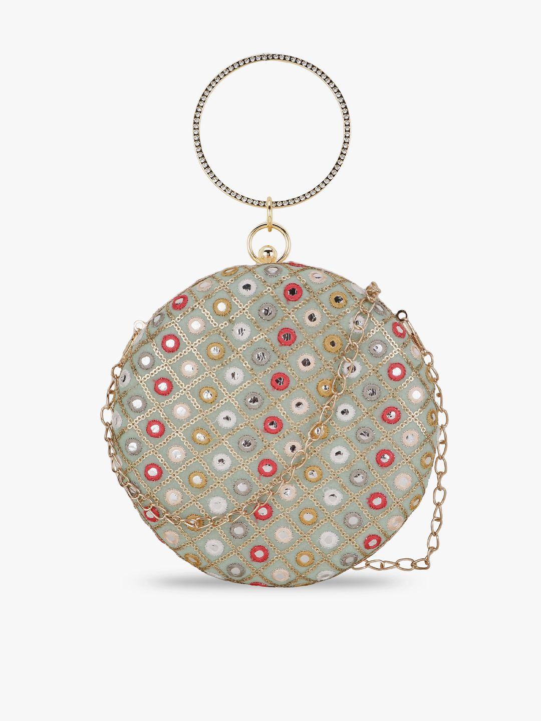 anekaant green & red embellished buckle detail purse clutch