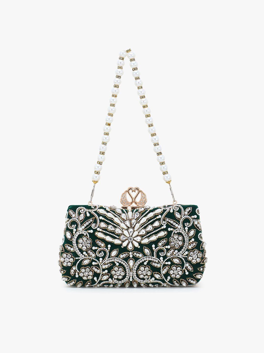 anekaant green & white embellished velvet box clutch