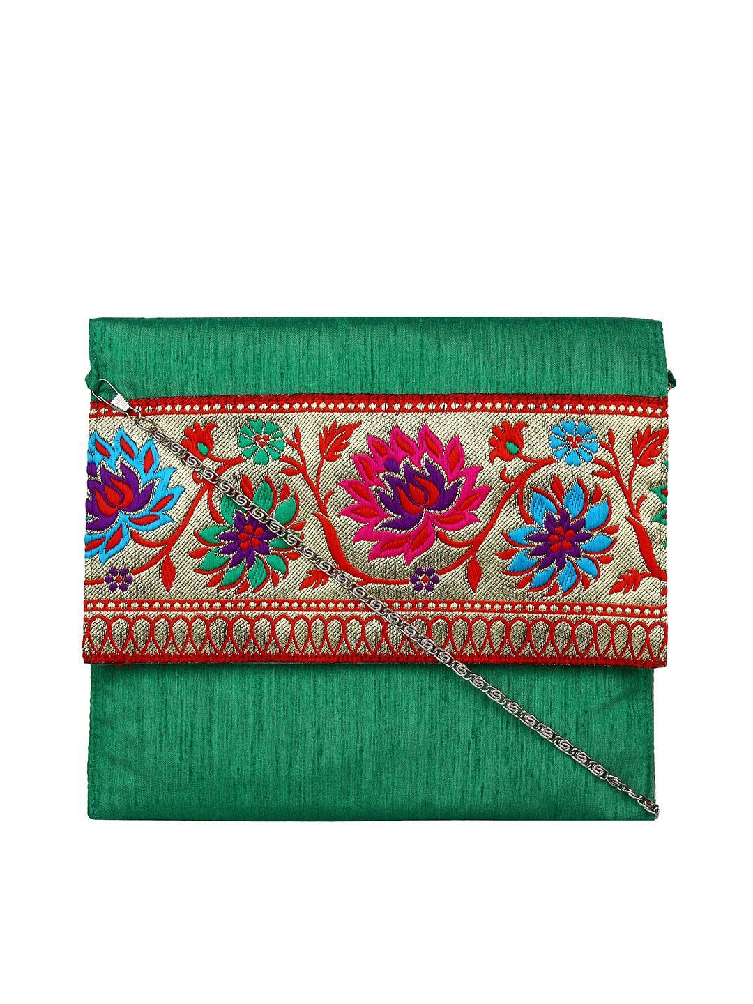 anekaant green embroidered clutch with sling strap