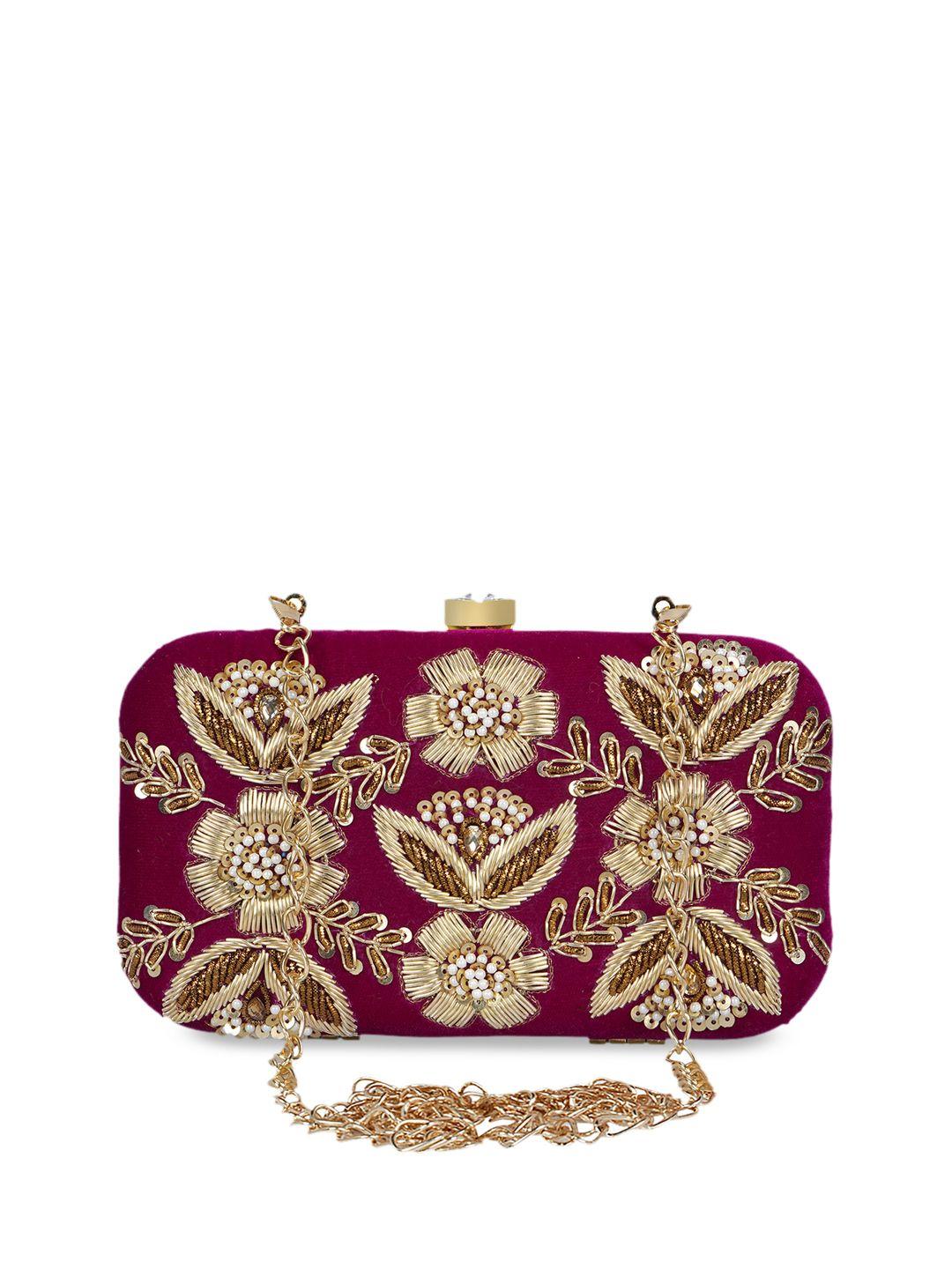 anekaant magenta & gold-toned embellished clutch
