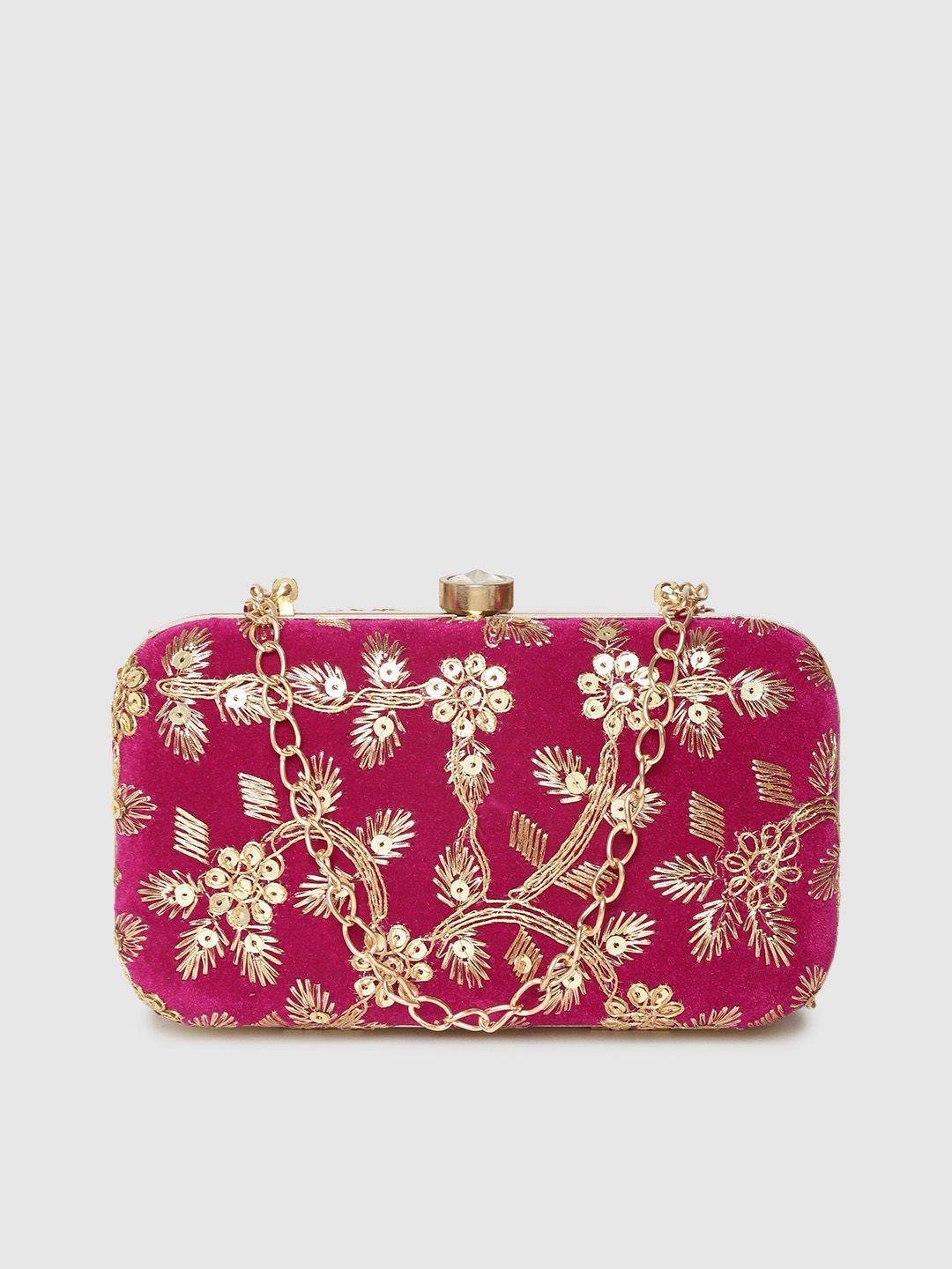 anekaant magenta & gold-toned floral embroidered & sequinned box clutches