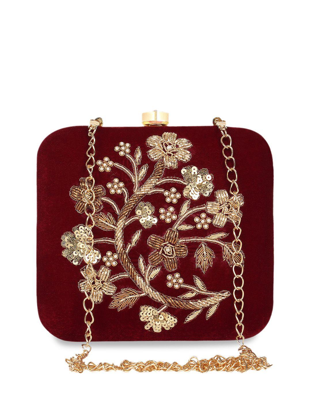 anekaant maroon & gold-toned embellished embellished clutch