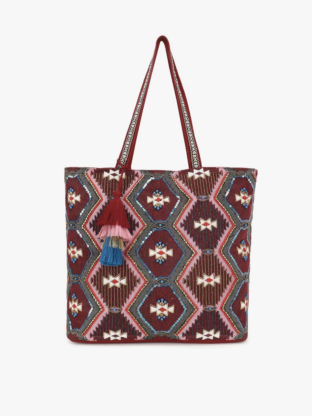 anekaant maroon embellished shopper tote bag with tasselled