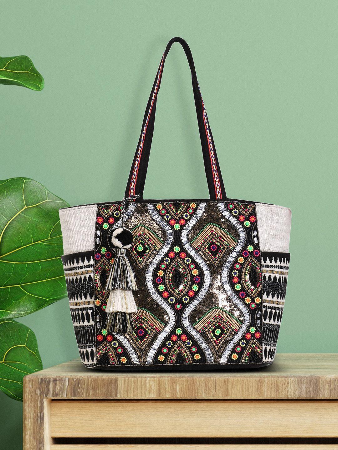 anekaant multicoloured ethnic motifs sequinned jacquard shoulder bag