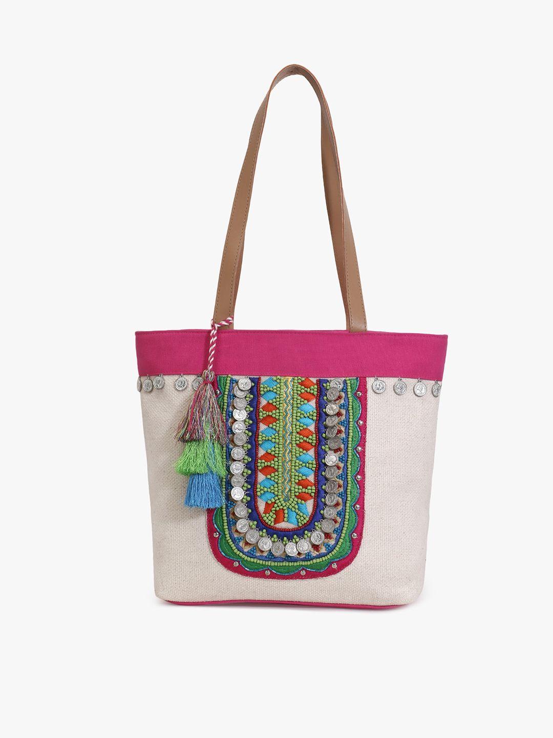 anekaant off white embellished oversized boho embellished shopper tote bag