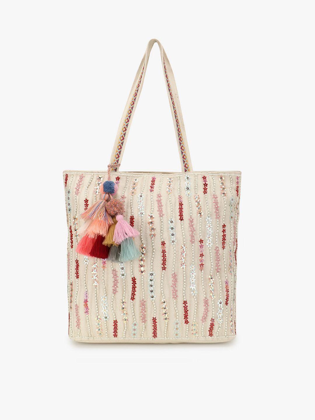 anekaant off white floral embellished shopper tote bag with tasselled
