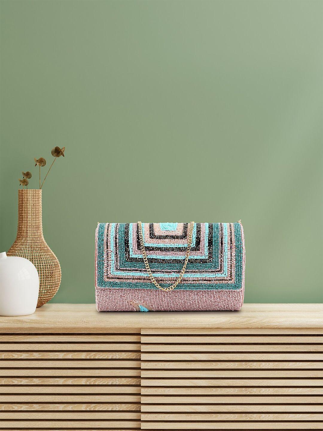 anekaant pink & blue embellished foldover clutch