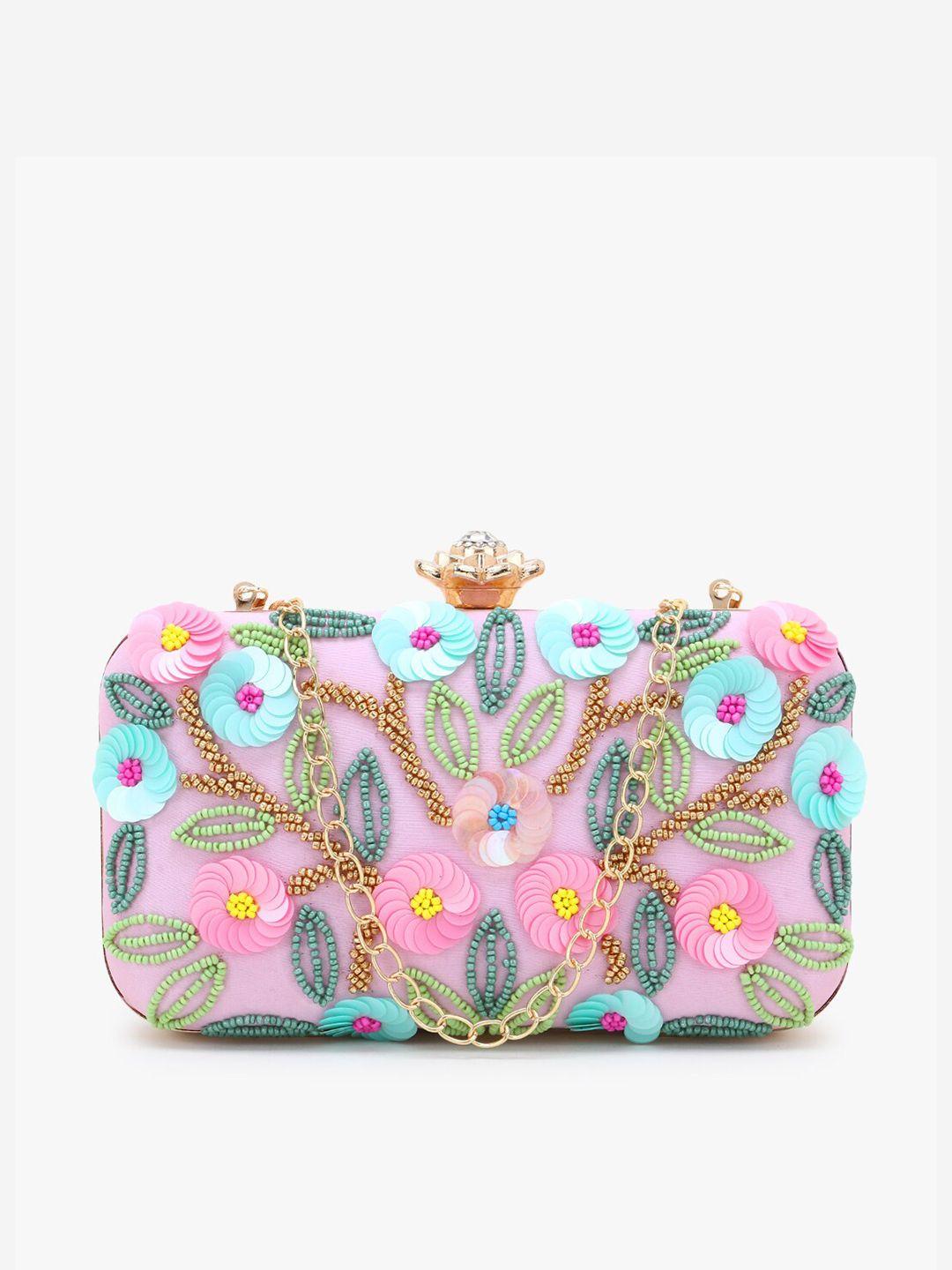 anekaant pink & multicoloured floral embellished faux silk box clutch