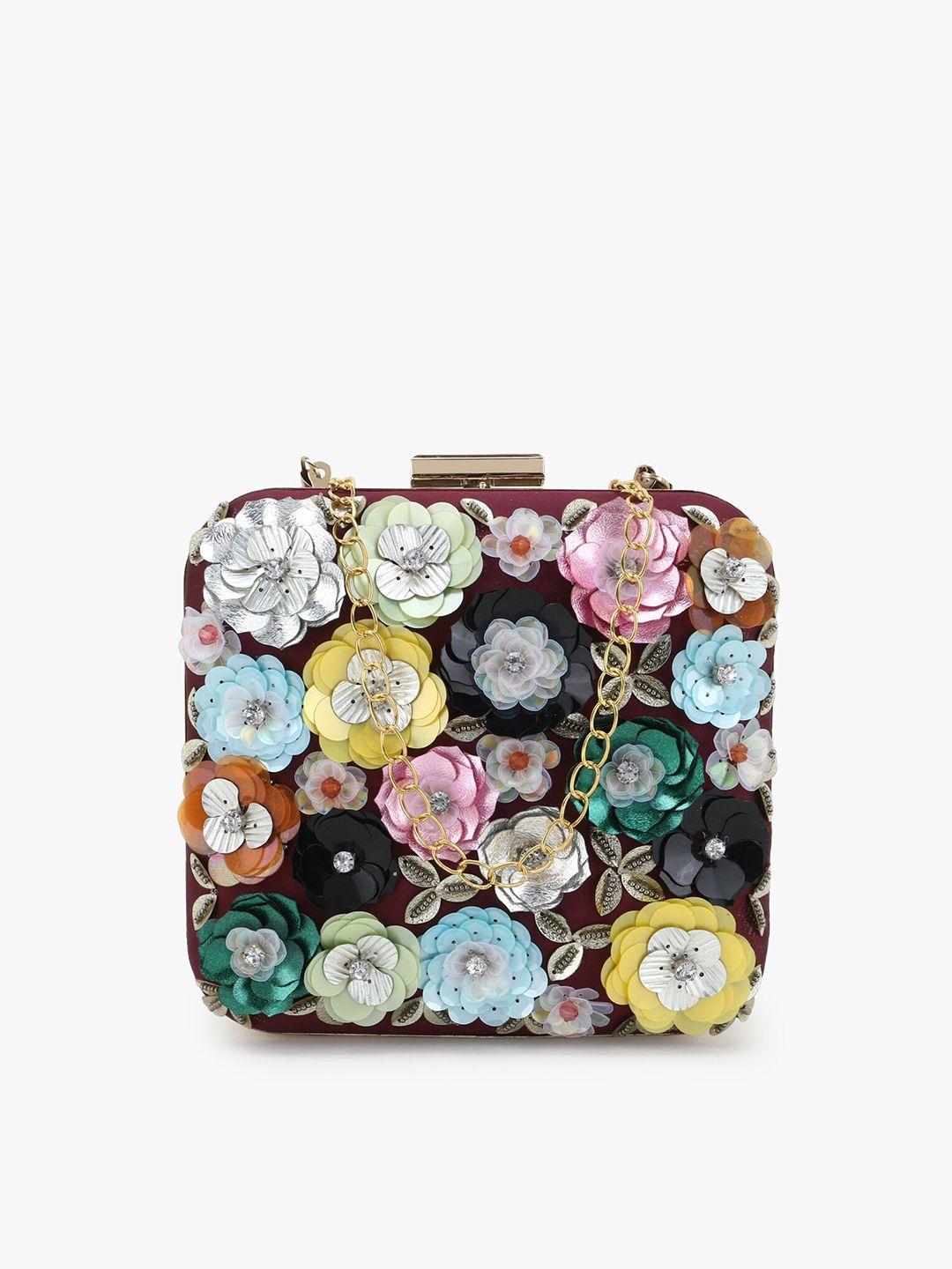 anekaant red & blue floral embellished box clutch