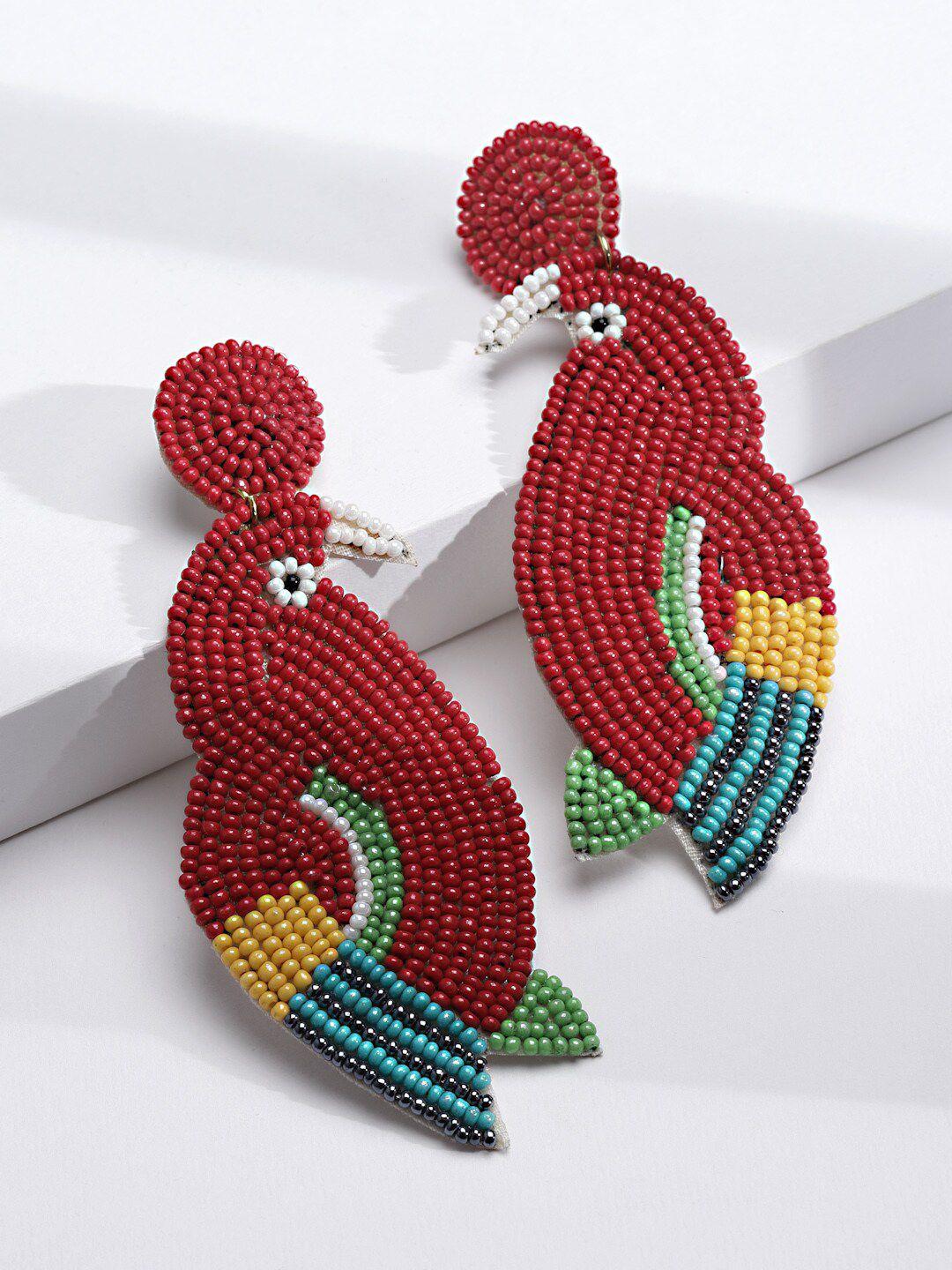 anekaant red peacock shaped drop earrings
