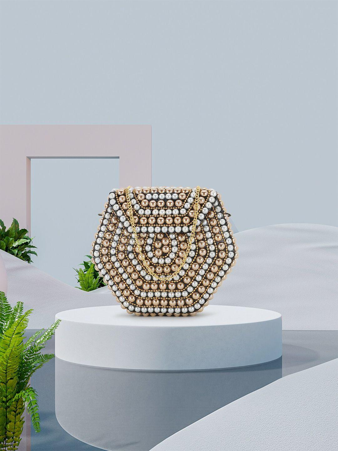 anekaant rose gold & white embellished box clutch