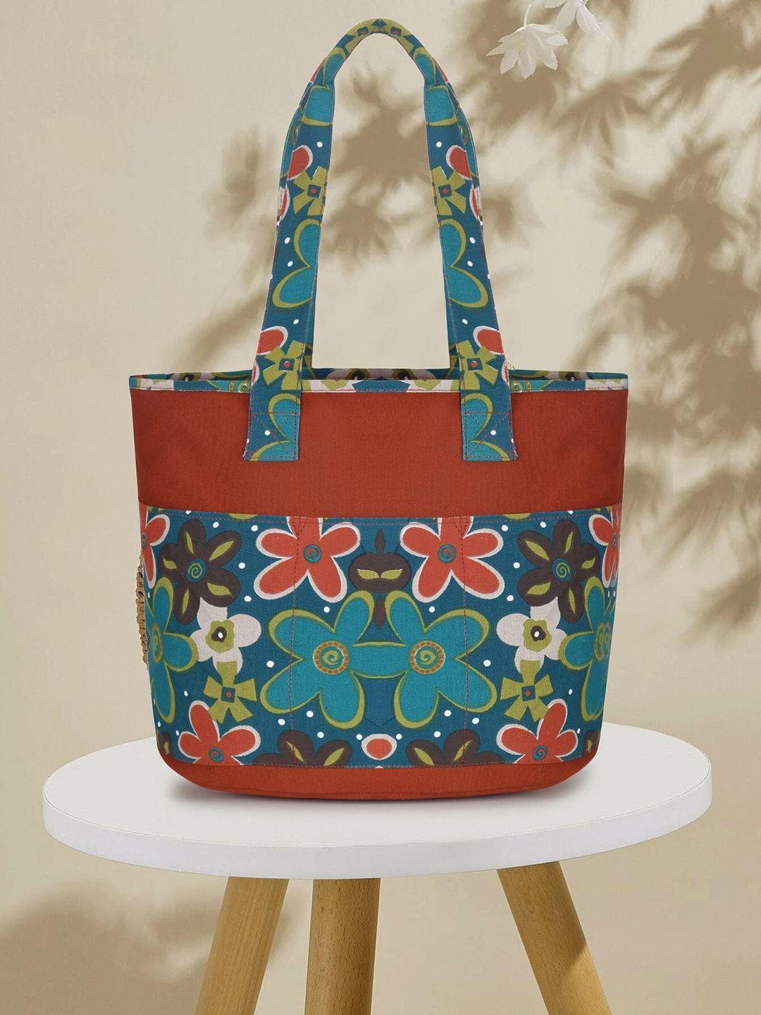 anekaant rust floral structured tote bag with applique
