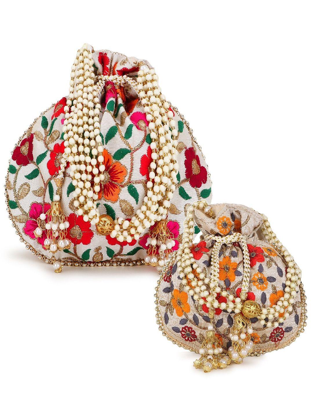 anekaant set of 2 floral embroidered potli clutches