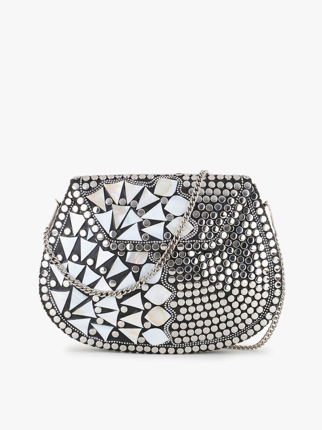 anekaant silver-toned & black embellished half moon clutch