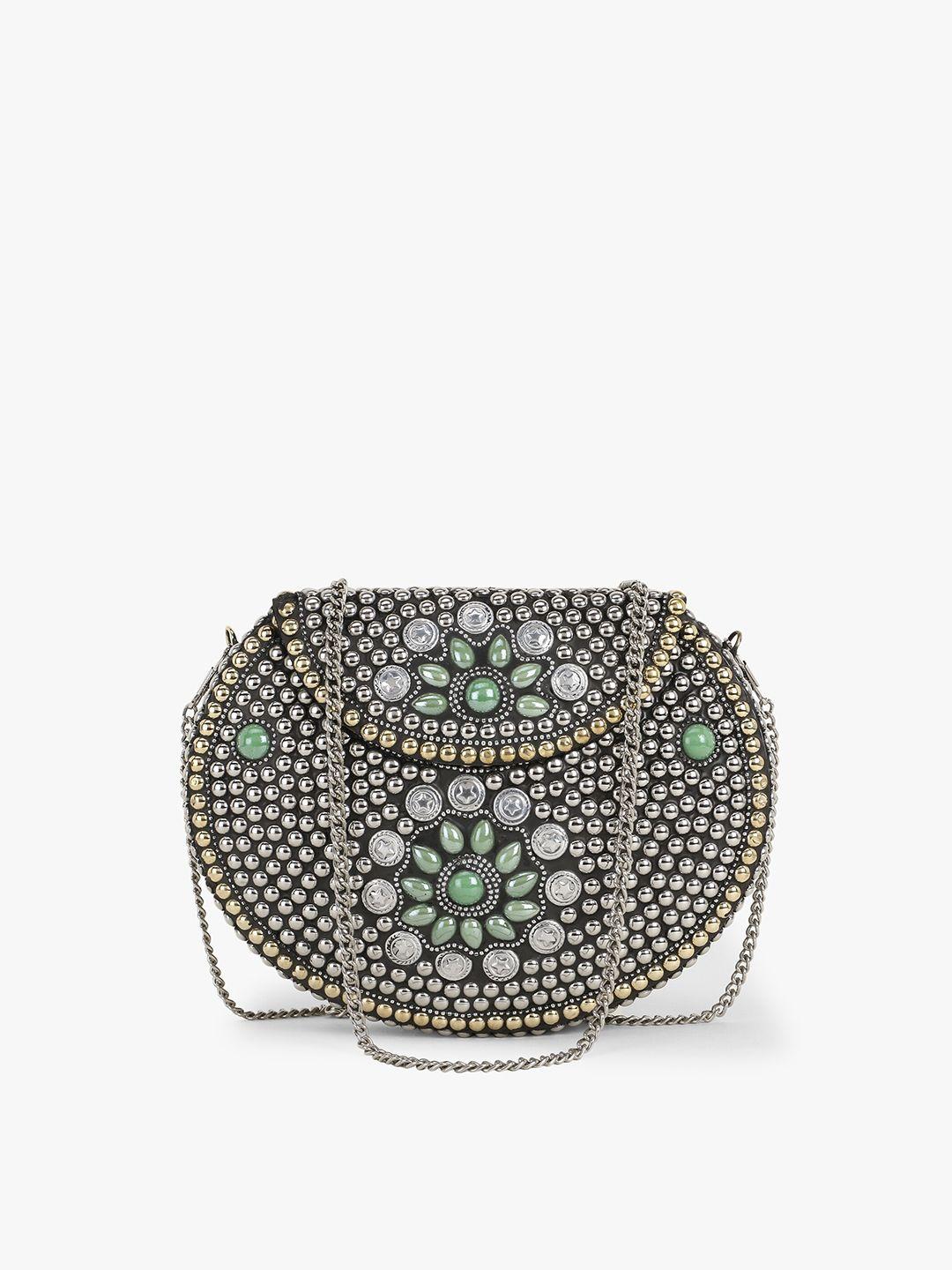 anekaant silver-toned & green embellished half moon mosaic clutch