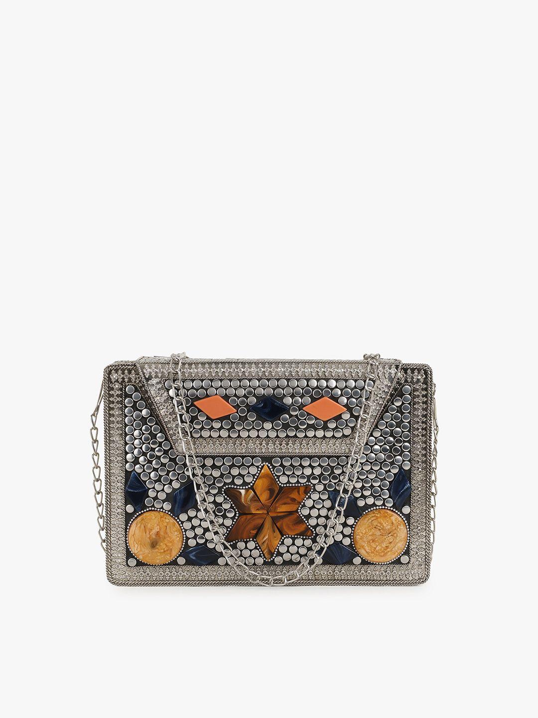 anekaant silver-toned embellished envelope clutch